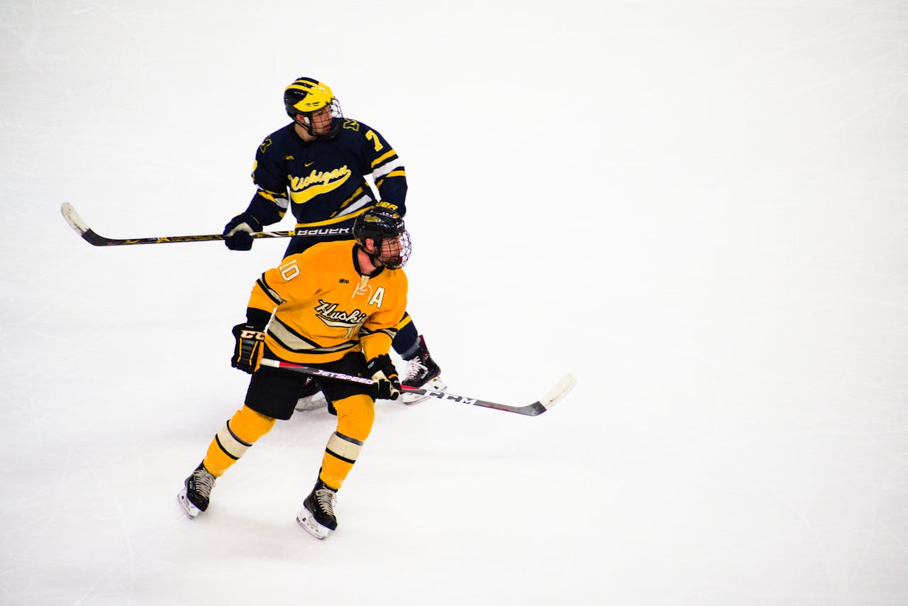 Two male ice hockey players in action on the rink, showcasing skill and teamwork.